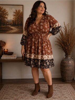 Sandra Darren Rust Floral Boho Midi Dress 20W Smocked Waist Fall Plus Size